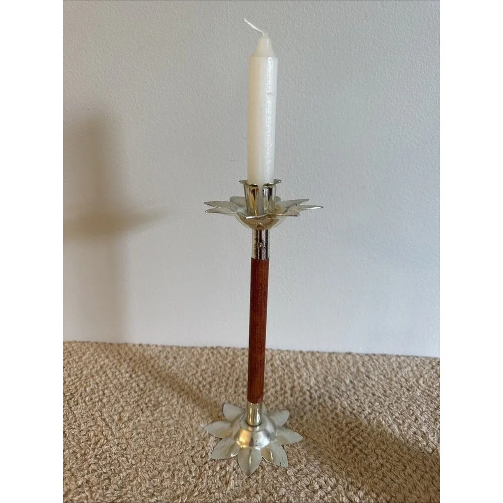Vintage Nu-Trend Mid Century Modern Teak And Metal Flower Candleholder 9.5”